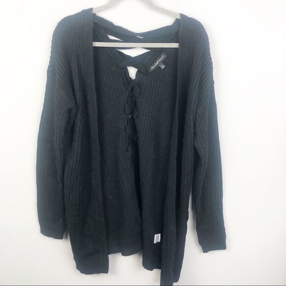DEREK HEART | Black Lace Up Back Open Cardigan L - Picture 1 of 7
